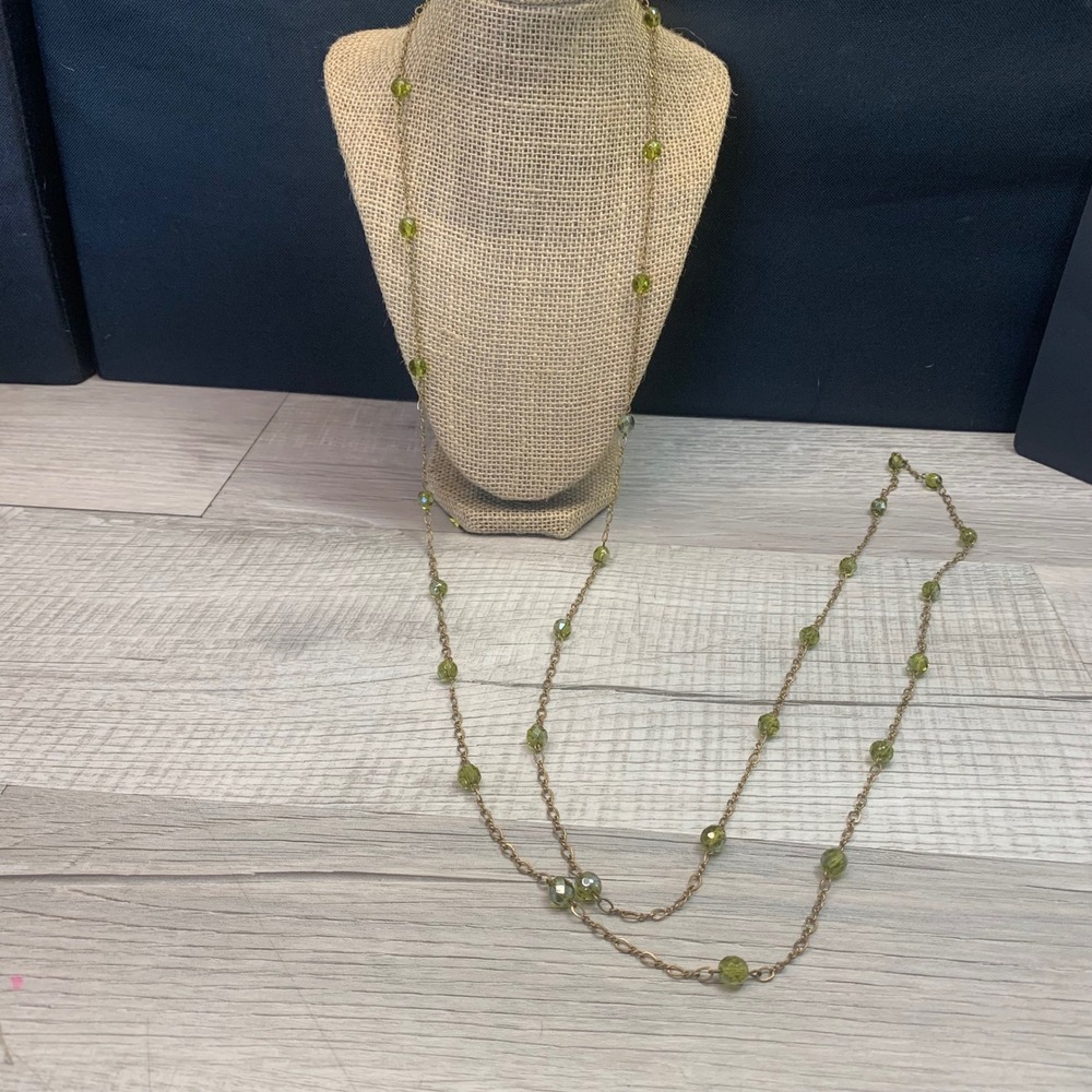 72 Inch Long Olive Green Faceted Bead Station Necklace Brass Tone Chain